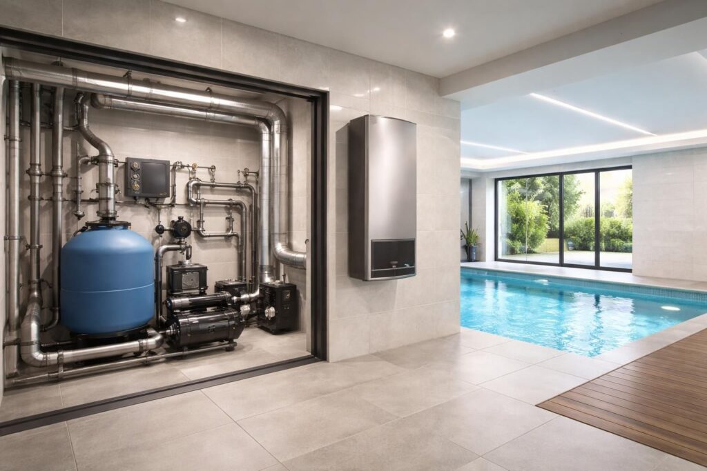 découvrez comment installer un système de filtration pour piscine intérieure, incluant un local technique adapté et un déshumidificateur, pour garantir une eau propre et un environnement sain.
